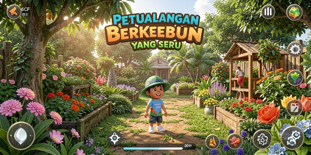 Screenshot gameplay 6CF menampilkan ladang pertanian yang subur dan beragam tanaman.