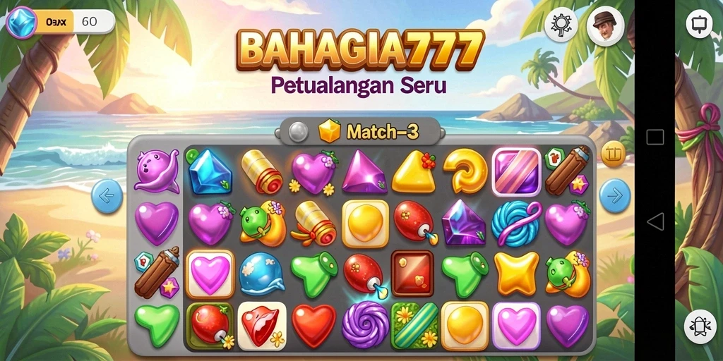 Tampilan gameplay BAHAGIA777 dengan sejumlah kombinasi Match-3.