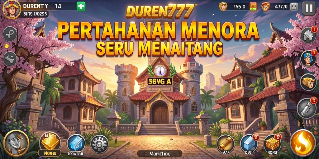 Screenshot DUREN777 menampilkan aksi pertahanan menara yang intens.