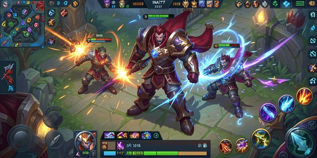 Tampilan gameplay yang mendebarkan dari INA777 dalam aksi pertempuran MOBA.