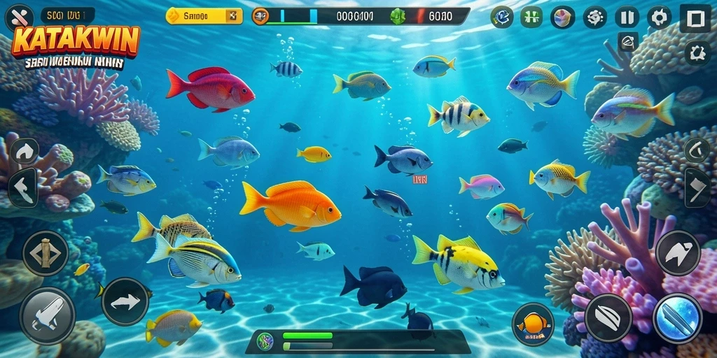 Tampilan gameplay seru KATAKWIN saat menembak ikan.