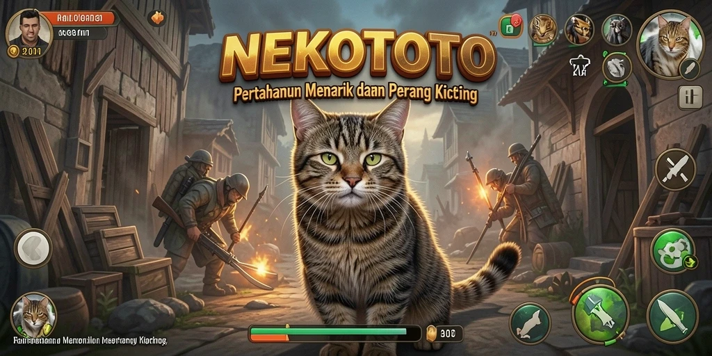 Tampilan gameplay <strong>NEKOTOTO</strong> dengan karakter kucing melawan musuh dalam pengaturan Tower Defense.