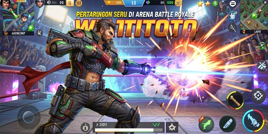 Screenshot WATITOTO menampilkan aksi seru di arena Battle Royale.